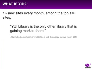 What is YUI?1K new sites every month, among the top 1M sites.“YUI Library is the only other library that is gaining market share.”	- http://w3techs.com/blog/entry/highlights_of_web_technology_surveys_march_2011