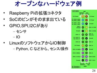 24
オープンなハードウェア例

Raspberry Piの拡張コネクタ

SoCのピンがそのまま出ている

GPIO,SPI,I2Cがあり
– センサ
– IO

LinuxのソフトウェアからIO制御
– Python, C などから、センス/操作
 