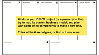 Work on your OSHW project (or a project you like),
try to map its current business model, and play
with some of its compon...