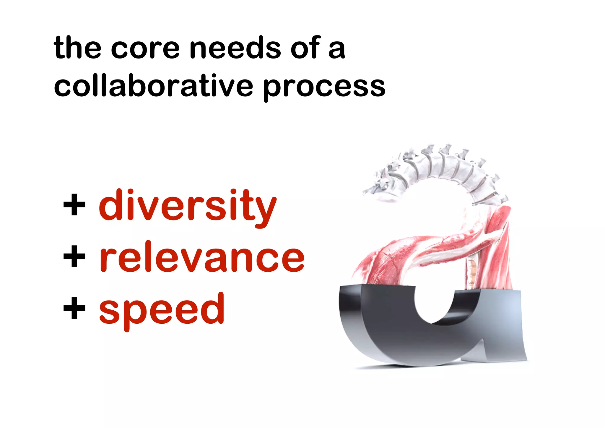 the core needs of a
collaborative process


+ diversity
+ relevance
+ speed
 