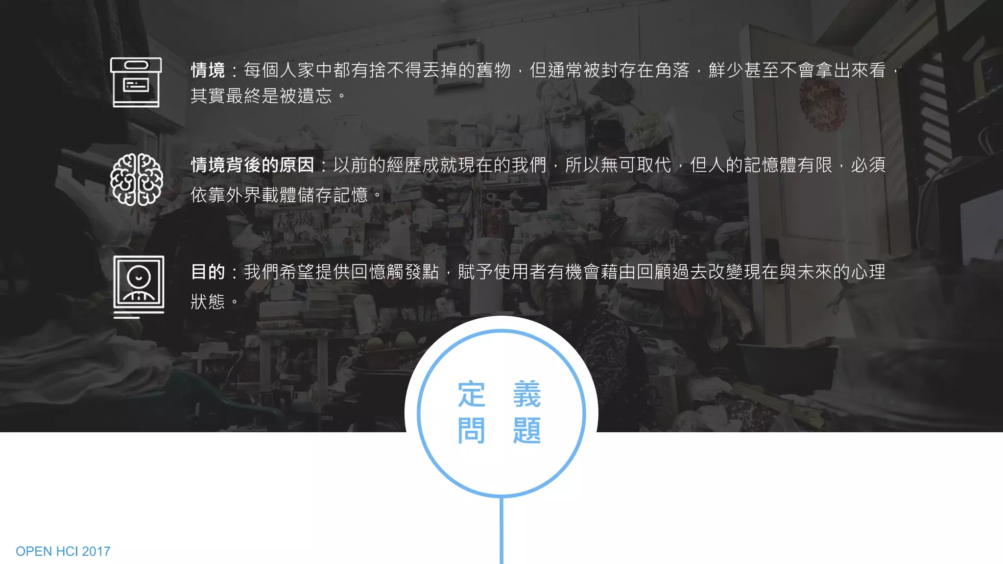 情境：每個人家中都有捨不得丟掉的舊物，但通常被封存在角落，鮮少甚至不會拿出來看，
其實最終是被遺忘。
情境背後的原因：以前的經歷成就現在的我們，所以無可取代，但人的記憶體有限，必須
依靠外界載體儲存記憶。
目的：我們希望提供回憶觸發點，賦予使用者有機會藉由回顧過去改變現在與未來的心理
狀態。
定 義
問 題
OPEN HCI 2017
 