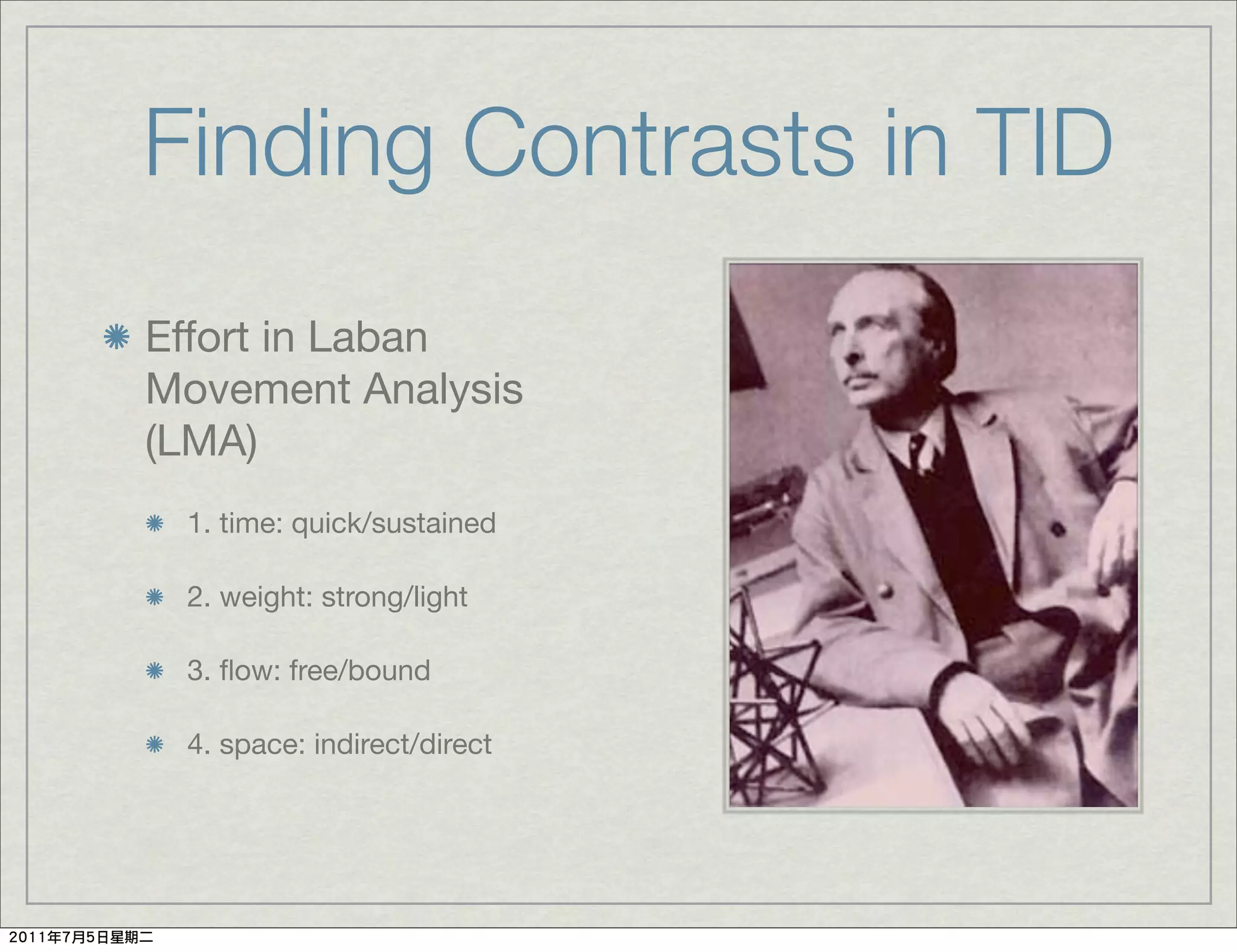 Finding Contrasts in TID
Effort in Laban
Movement Analysis
(LMA)
 1. time: quick/sustained

 2. weight: strong/light

 3. ﬂow: free/bound

 4. space: indirect/direct
 