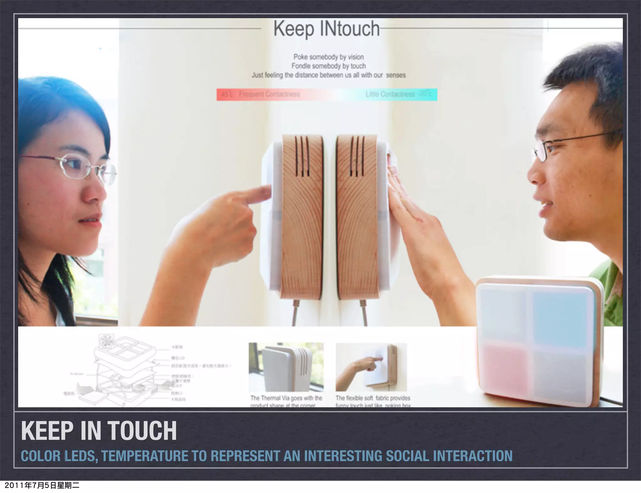 KEEP IN TOUCH
COLOR LEDS, TEMPERATURE TO REPRESENT AN INTERESTING SOCIAL INTERACTION
 