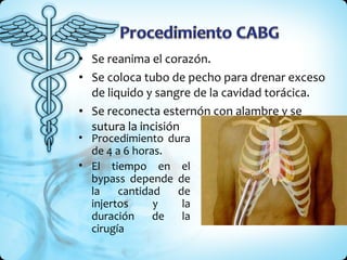 Se reanima el corazón.  Se coloca tubo de pecho para drenar exceso de liquido y sangre de la cavidad torácica. Se reconecta esternón con alambre y se sutura la incisión Procedimiento dura de 4 a 6 horas.  El tiempo en el bypass depende de la cantidad de injertos y la duración de la cirugía 
