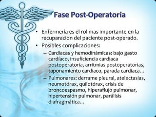 Enfermeria es el rol mas importante en la recuparacion del paciente post-operado. Posibles complicaciones: Cardíacas y hemodinámicas: bajo gasto cardíaco, insuficiencia cardiaca postoperatoria, arritmias postoperatorias, taponamiento cardíaco, parada cardiaca… Pulmonares: derrame pleural, atelectasias, neumotórax, quilotórax, crisis de broncoespasmo, hiperaflujo pulmonar, hipertensión pulmonar, parálisis diafragmática… 