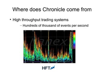 Where does Chronicle come from

High throughput trading systems
– Hundreds of thousand of events per second
 