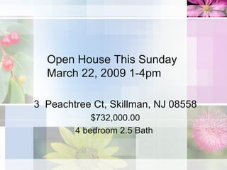 Open House This Sunday  March 22, 2009 1-4pm 3  Peachtree Ct, Skillman, NJ 08558 $732,000.00 4 bedroom 2.5 Bath  