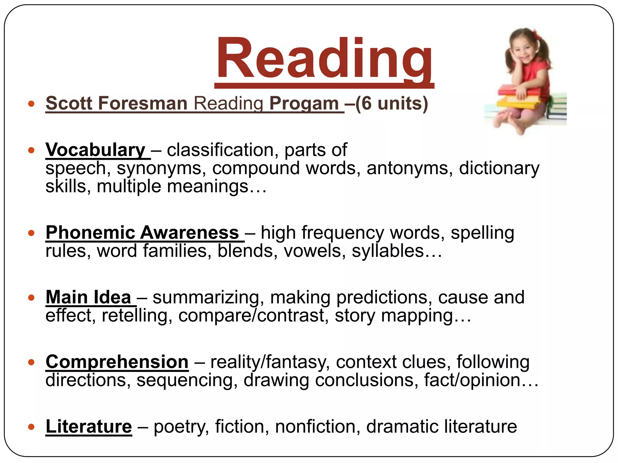 ReadingScott ForesmanReadingProgam–(6 units)Vocabulary – classification, parts of speech, synonyms, compound words, antonyms, dictionary skills, multiple meanings…Phonemic Awareness – high frequency words, spelling rules, word families, blends, vowels, syllables…Main Idea – summarizing, making predictions, cause and effect, retelling, compare/contrast, story mapping…Comprehension – reality/fantasy, context clues, following directions, sequencing, drawing conclusions, fact/opinion…Literature – poetry, fiction, nonfiction, dramatic literature