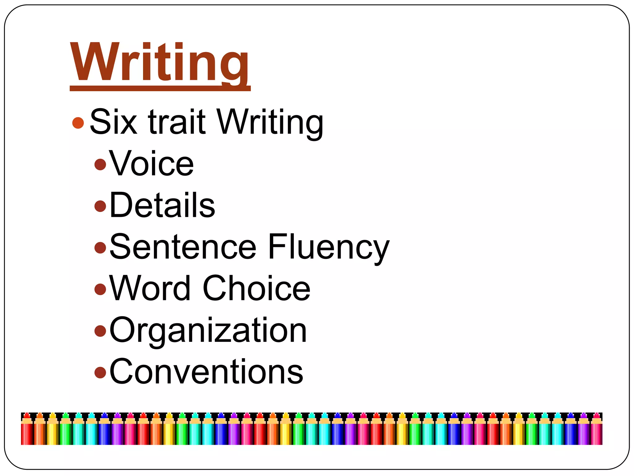 WritingSix trait WritingVoiceDetailsSentence FluencyWord ChoiceOrganizationConventions