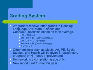 Grading System 2 nd  graders receive letter grades in Reading, Language Arts, Math, Science and Conduct/Citizenship based on their average. 90 – 100 = A  80 – 89  = B  (above average) 70 – 79  =  C  (average) 60 – 69  = D  (below average) 0 – 59  = F Other subjects such as Music, Art, PE, Social Studies, and Health will be given S (satisfactory progress) or N (needs improvement) Homework is a completion grade only New report card format this year 