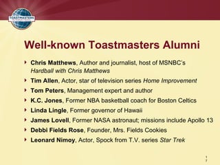 Well-known Toastmasters Alumni
 Chris Matthews, Author and journalist, host of MSNBC’s
  Hardball with Chris Matthews
 Tim Allen, Actor, star of television series Home Improvement
 Tom Peters, Management expert and author
 K.C. Jones, Former NBA basketball coach for Boston Celtics
 Linda Lingle, Former governor of Hawaii
 James Lovell, Former NASA astronaut; missions include Apollo 13
 Debbi Fields Rose, Founder, Mrs. Fields Cookies
 Leonard Nimoy, Actor, Spock from T.V. series Star Trek

                                                                 1
                                                                 7
 