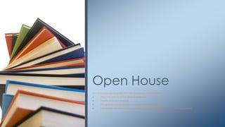 Open House
How To Improve Reading Skills With New Technology And Websites.
      Welcome parents and students to family day
      The importance of reading
      Our goals for how to improve and become better readers
      Introducing new technology and website to improve reading for the students and parents
 