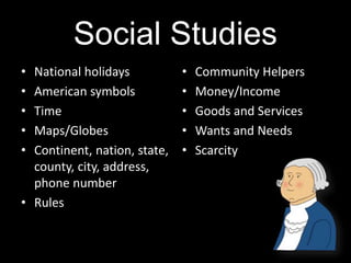 Social Studies
• National holidays
• American symbols
• Time
• Maps/Globes
• Continent, nation, state,
county, city, address,
phone number
• Rules
• Community Helpers
• Money/Income
• Goods and Services
• Wants and Needs
• Scarcity
 