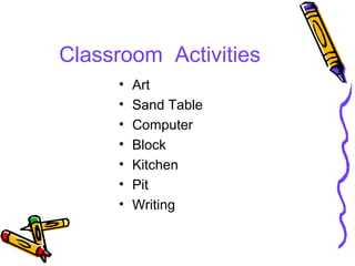 Classroom Activities 
• Art 
• Sand Table 
• Computer 
• Block 
• Kitchen 
• Pit 
• Writing 
 