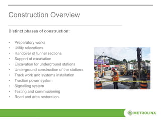 Construction Overview
Distinct phases of construction:
• Preparatory works
• Utility relocations
• Handover of tunnel sections
• Support of excavation
• Excavation for underground stations
• Underground construction of the stations
• Track work and systems installation
• Traction power system
• Signalling system
• Testing and commissioning
• Road and area restoration
 