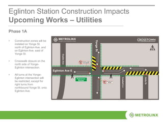 Eglinton Station Construction Impacts
Upcoming Works – Utilities
Phase 1A
• Construction zones will be
instated on Yonge St.
north of Eglinton Ave. and
on Eglinton Ave. east of
Yonge St.
• Crosswalk closure on the
north side of Yonge-
Eglinton intersection.
• All turns at the Yonge-
Eglinton intersection will
be restricted, except for
right turns from
northbound Yonge St. onto
Eglinton Ave.
 