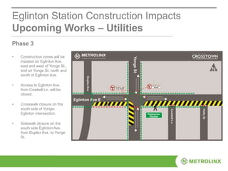 Eglinton Station Construction Impacts
Upcoming Works – Utilities
Phase 3
• Construction zones will be
instated on Eglinton Ave.
east and west of Yonge St.,
and on Yonge St. north and
south of Eglinton Ave.
• Access to Eglinton Ave.
from Cowbell Ln. will be
closed.
• Crosswalk closure on the
south side of Yonge-
Eglinton intersection.
• Sidewalk closure on the
south side Eglinton Ave.
from Duplex Ave. to Yonge
St.
 