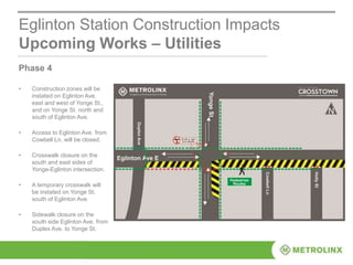 Eglinton Station Construction Impacts
Upcoming Works – Utilities
Phase 4
• Construction zones will be
instated on Eglinton Ave.
east and west of Yonge St.,
and on Yonge St. north and
south of Eglinton Ave.
• Access to Eglinton Ave. from
Cowbell Ln. will be closed.
• Crosswalk closure on the
south and east sides of
Yonge-Eglinton intersection.
• A temporary crosswalk will
be instated on Yonge St.
south of Eglinton Ave.
• Sidewalk closure on the
south side Eglinton Ave. from
Duplex Ave. to Yonge St.
 