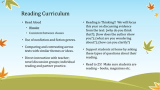 Reading Curriculum
• Read Aloud
• Wonder
• Consistent between classes
• Use of nonfiction and fiction genres.
• Comparing and contrasting across
texts with similar themes or ideas.
• Direct instruction with teacher;
novel discussion groups; individual
reading and partner practice.
• Reading is Thinking!! We will focus
this year on discussing evidence
from the text: (why do you think
that?); (how does the author show
you?); (what are you wondering
about?); (how can you clarify?)
• Support students at home by asking
these types of questions about their
reading.
• Read to 25! Make sure students are
reading – books, magazines etc.
 