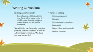 Writing Curriculum
• Spelling and Word Study:
• Generalizations will be taught this
year. These will be based on the 6
syllable types. Practice with these
types will occur in class and for
homework.
• We will build vocabulary by studying
prefixes, suffixes and roots as well as
celebrating word choice. We share
our love for words!!
• Forms of writing:
• Opinion/Argument
• Narrative
• Quick writes across subjects
• Paragraphs
• Report (short and extended)
• Reading responses
 