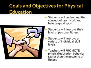 Goals and Objectives for Physical EducationStudents will understand the concept of teamwork and being a good sport