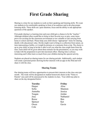 First Grade Sharing
Sharing is a time for our students to work on their speaking and listening skills. We want
our students to be comfortable speaking in front of an audience and to develop proper
listening skills. These skills are: quiet attention, focus and the ability to ask appropriate
questions of the speaker.

First grade sharing is a learning time and your child gets a chance to be the “teacher.”
Although children often would like to bring in their favorite toys or pets, some items
prove too exciting for the classroom environment or too valuable to risk carrying from
home to school and back. Please help your child choose “appropriate” items for sharing,
ideally with educational value. He/she might want to bring in a collection from nature, an
item representing a hobby, or it might be pictures or a memento from a trip. The choice is
up to your child, as long as he/she is able to tell you what the class might learn from the
item. Each child will be given about three minutes for the presentation, so you may wish
to help with the preparation to provide maximum effect. Sharing time is always
interesting and I often learn so much from your children during this special activity.

Students are placed on sharing teams for our sharing periods. Additionally, each student
will create a personal poster showing his/her interests with an app on the iPad and will
share it with the class.

                                     Sharing Teams
Our sharing teams will have opportunities to present their interests to the class once per
month. The week will be designated on student homework sheets in the “Notes to
Parents” area and will be announced to the students in class. Your child may plan to
share on the day designated below:

                       Tuesday                                Friday
                       Harper                                 Alise
                       Sofia                                  Shannon
                       Amrutha                                Jessica
                       Teagan                                 Jordan
                       Joey                                   Nathaniel
                       Reese                                  Ben
                       Spencer                                Kat
                       Owen                                   Gavin
                       Cole
 