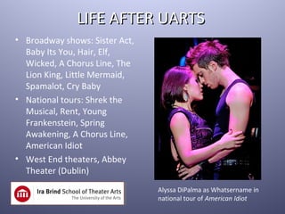 LIFE AFTER UARTS
• Broadway shows: Sister Act,
  Baby Its You, Hair, Elf,
  Wicked, A Chorus Line, The
  Lion King, Little Mermaid,
  Spamalot, Cry Baby
• National tours: Shrek the
  Musical, Rent, Young
  Frankenstein, Spring
  Awakening, A Chorus Line,
  American Idiot
• West End theaters, Abbey
  Theater (Dublin)
                                Alyssa DiPalma as Whatsername in
                                national tour of American Idiot
 
