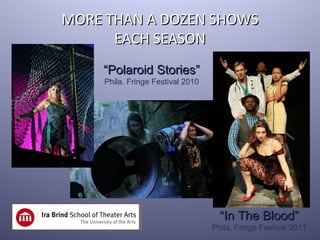 MORE THAN A DOZEN SHOWS
      EACH SEASON
    “Polaroid Stories”
    Phila. Fringe Festival 2010




                                    “In The Blood”
                                  Phila. Fringe Festival 2011
 
