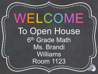 WELCOME
To Open House
6th Grade Math
Ms. Brandi
Williams
Room 1123
 