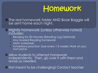 Homework 
The red homework folder AND Book Baggie will 
be sent home each night. 
 Nightly homework (unless otherwise noted) 
includes: 
• Reading for 20 minutes (Reading Log Optional) 
• Any Guided Reading homework 
• Math worksheet 
• Fundations practice- Due every 1-2 weeks; Work at your 
own pace. 
 Allow students to attempt homework 
independently. Then, go over it with them and 
revise as needed. 
 Not meant to be challenging! Contact teacher 
 