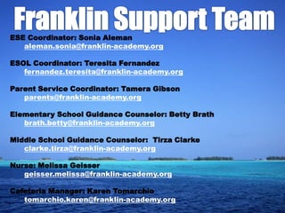 ESE Coordinator: Sonia Aleman
   aleman.sonia@franklin-academy.org

ESOL Coordinator: Teresita Fernandez
   fernandez.teresita@franklin-academy.org

Parent Service Coordinator: Tamera Gibson
   parents@franklin-academy.org

Elementary School Guidance Counselor: Betty Brath
   brath.betty@franklin-academy.org

Middle School Guidance Counselor: Tirza Clarke
   clarke.tirza@franklin-academy.org

Nurse: Melissa Geisser
   geisser.melissa@franklin-academy.org

Cafeteria Manager: Karen Tomarchio
   tomarchio.karen@franklin-academy.org
 