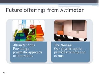 Future offerings from Altimeter<br />Altimeter Labs Providing a pragmatic approach to innovation.<br />The HangarOurphysic...