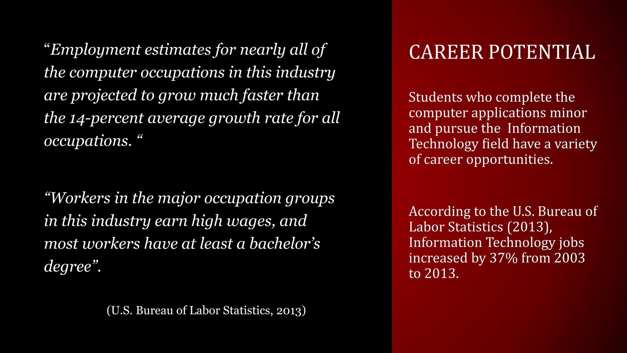 CAREER POTENTIAL
Students who complete the
computer applications minor
and pursue the Information
Technology field have a variety
of career opportunities.
According to the U.S. Bureau of
Labor Statistics (2013),
Information Technology jobs
increased by 37% from 2003
to 2013.
“Employment estimates for nearly all of
the computer occupations in this industry
are projected to grow much faster than
the 14-percent average growth rate for all
occupations. “
“Workers in the major occupation groups
in this industry earn high wages, and
most workers have at least a bachelor’s
degree”.
(U.S. Bureau of Labor Statistics, 2013)
 