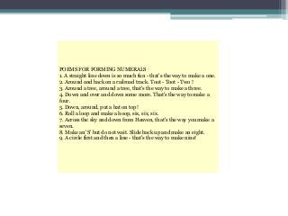 POEMS FOR FORMING NUMERALS
1. A straight line down is so much fun - that's the way to make a one.
2. Around and back on a railroad track. Toot - Toot - Two !
3. Around a tree, around a tree, that's the way to make a three.
4. Down and over and down some more. That's the way to make a
four.
5. Down, around, put a hat on top!
6. Roll a loop and make a hoop, six, six, six.
7. Across the sky and down from Heaven, that's the way you make a
seven.
8. Make an 'S' but do not wait. Slide back up and make an eight.
9. A circle first and then a line - that's the way to make nine!
 