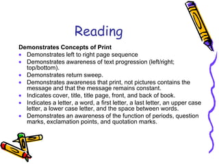 ReadingDemonstrates Concepts of PrintDemonstrates left to right page sequence Demonstrates awareness of text progression (left/right; top/bottom). Demonstrates return sweep. Demonstrates awareness that print, not pictures contains the message and that the message remains constant. Indicates cover, title, title page, front, and back of book. Indicates a letter, a word, a first letter, a last letter, an upper case letter, a lower case letter, and the space between words. Demonstrates an awareness of the function of periods, question marks, exclamation points, and quotation marks.