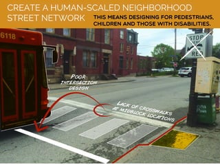CREATE A HUMAN-SCALED NEIGHBORHOOD
STREET NETWORK This means designing for pedestrians,
children and those with disabilities.
 