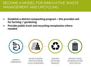 BECOME A MODEL FOR INNOVATIVE WASTE
MANAGEMENT AND UPCYCLING
> Establish a district composting program – this provides soil
for farming / gardening
> Provide public trash and recycling receptacles where
needed
 