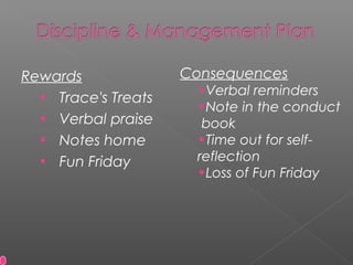 Rewards
• Trace's Treats
• Verbal praise
• Notes home
• Fun Friday
Consequences
•Verbal reminders
•Note in the conduct
book
•Time out for self-
reflection
•Loss of Fun Friday
 