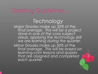 Technology
Major Grades make up 50% of the
final average. This will be a project
done in one of the core subject
areas, applying the technology skill
we are learning during the quarter.
Minor Grades make up 50% of the
final average. This will be based on
learning.com lessons and quizzes
that are assigned and completed
each quarter.
 