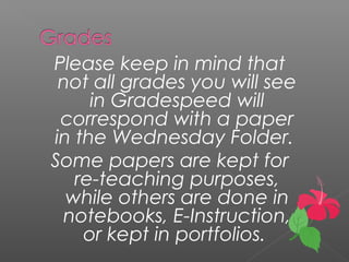 Please keep in mind that
not all grades you will see
in Gradespeed will
correspond with a paper
in the Wednesday Folder.
Some papers are kept for
re-teaching purposes,
while others are done in
notebooks, E-Instruction,
or kept in portfolios.
 