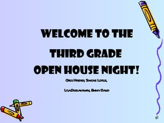 Welcome to the Third Grade  Open House Night!   Greg Harder, Simone Loftus,  Lisa Dibbayawan, Emmy David sl 