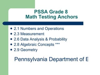 PSSA Grade 8  Math Testing Anchors 2.1 Numbers and Operations 2.3 Measurement 2.6 Data Analysis & Probability 2.8 Algebraic Concepts *** 2.9 Geometry Pennsylvania Department of Education 