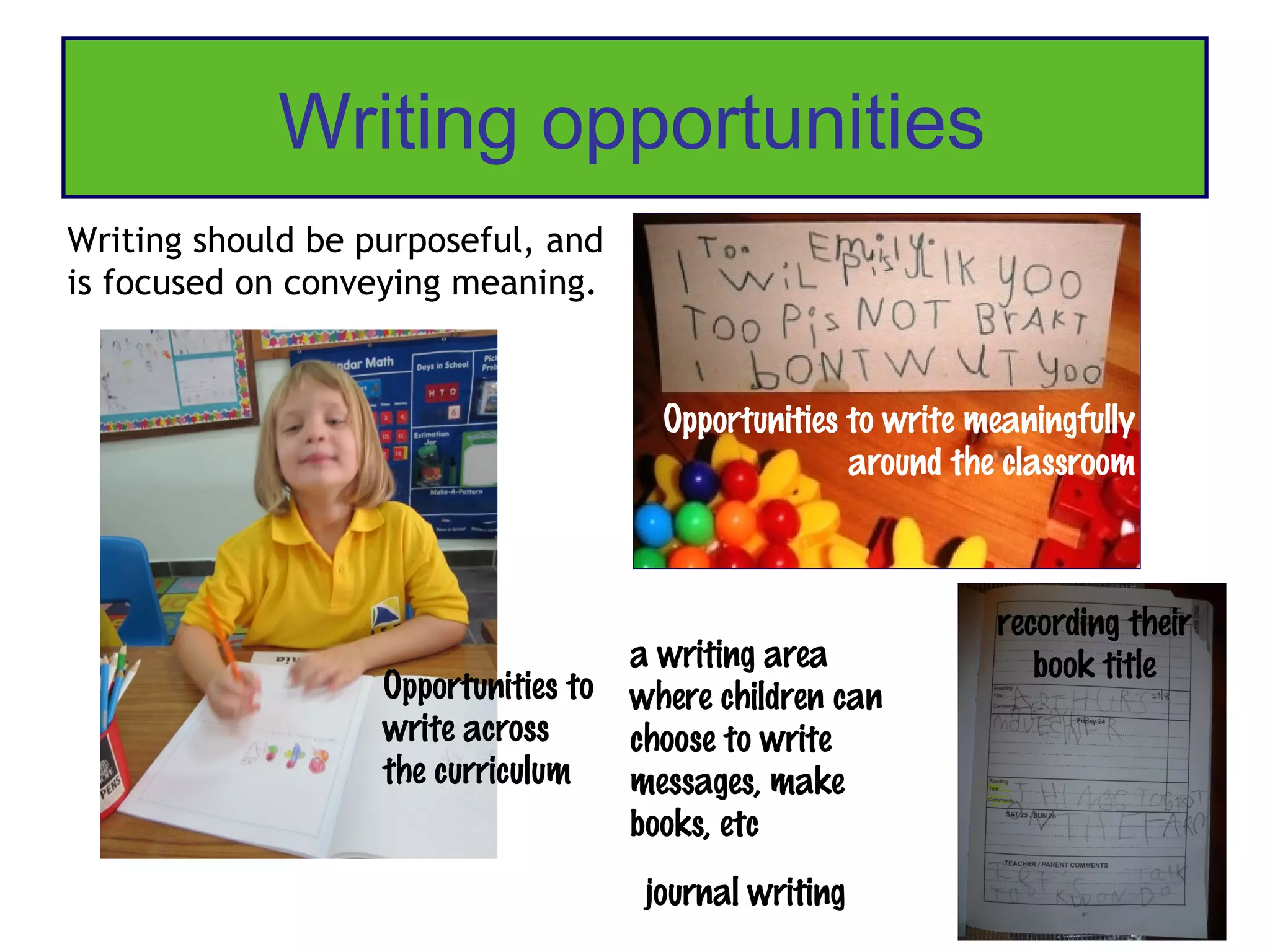 Writing opportunities
Writing should be purposeful, and
is focused on conveying meaning.


                                        Opportunities to write meaningfully
                                                      around the classroom



                                                                recording their
                                      a writing area               book title
                   Opportunities to   where children can
                   write across       choose to write
                   the curriculum     messages, make
                                      books, etc
                                       journal writing
 