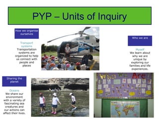 PYP – Units of Inquiry
          How we organise
             ourselves
                                                 Who we are
              Transport
               systems
           Transportation                           Myself
            systems are                        We learn about
          organized to help                      why we are
           us connect with                        unique by
             people and                         exploring our
                places                         families and life
                                                 experiences.


  Sharing the
    planet


     Oceans
  We share our
   environment
with a variety of
 fascinating sea
  creatures and
 our actions can
affect their lives.
 