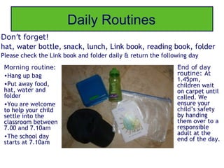 Daily Routines
Don’t forget!
hat, water bottle, snack, lunch, Link book, reading book, folder
Please check the Link book and folder daily & return the following day
 Morning routine:                                             End of day
 •Hang up bag                                                 routine: At
                                                              1.45pm,
 •Put away food,                                              children wait
 hat, water and                                               on carpet until
 folder                                                       called. We
 •You are welcome                                             ensure your
 to help your child                                           child’s safety
 settle into the                                              by handing
 classroom between                                            them over to a
 7.00 and 7.10am                                              responsible
 •The school day                                              adult at the
                                                              end of the day.
 starts at 7.10am
 