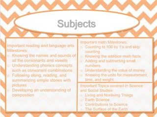 Important reading and language arts
Milestones:
o Knowing the names and sounds of
all the consonants and vowels
o Understanding phonics concepts
such as consonant combinations
o Following along, reading, and
summarizing simple stories with
pictures
o Developing an understanding of
composition
Important math Milestones:
o Counting to 100 by 1’s and skip
counting
o Knowing the addition math facts
o Adding and subtracting small
numbers
o Understanding the value of money
o Knowing the units for measurement,
time, and weight
Important Topics covered in Science
and Social Studies:
o Living and Nonliving Things
o Earth Science
o Contributions to Science
o The Surface of the Earth
 