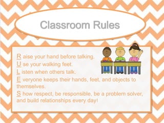 R aise your hand before talking.
U se your walking feet.
L isten when others talk.
E veryone keeps their hands, feet, and objects to
themselves.
S how respect, be responsible, be a problem solver,
and build relationships every day!
 