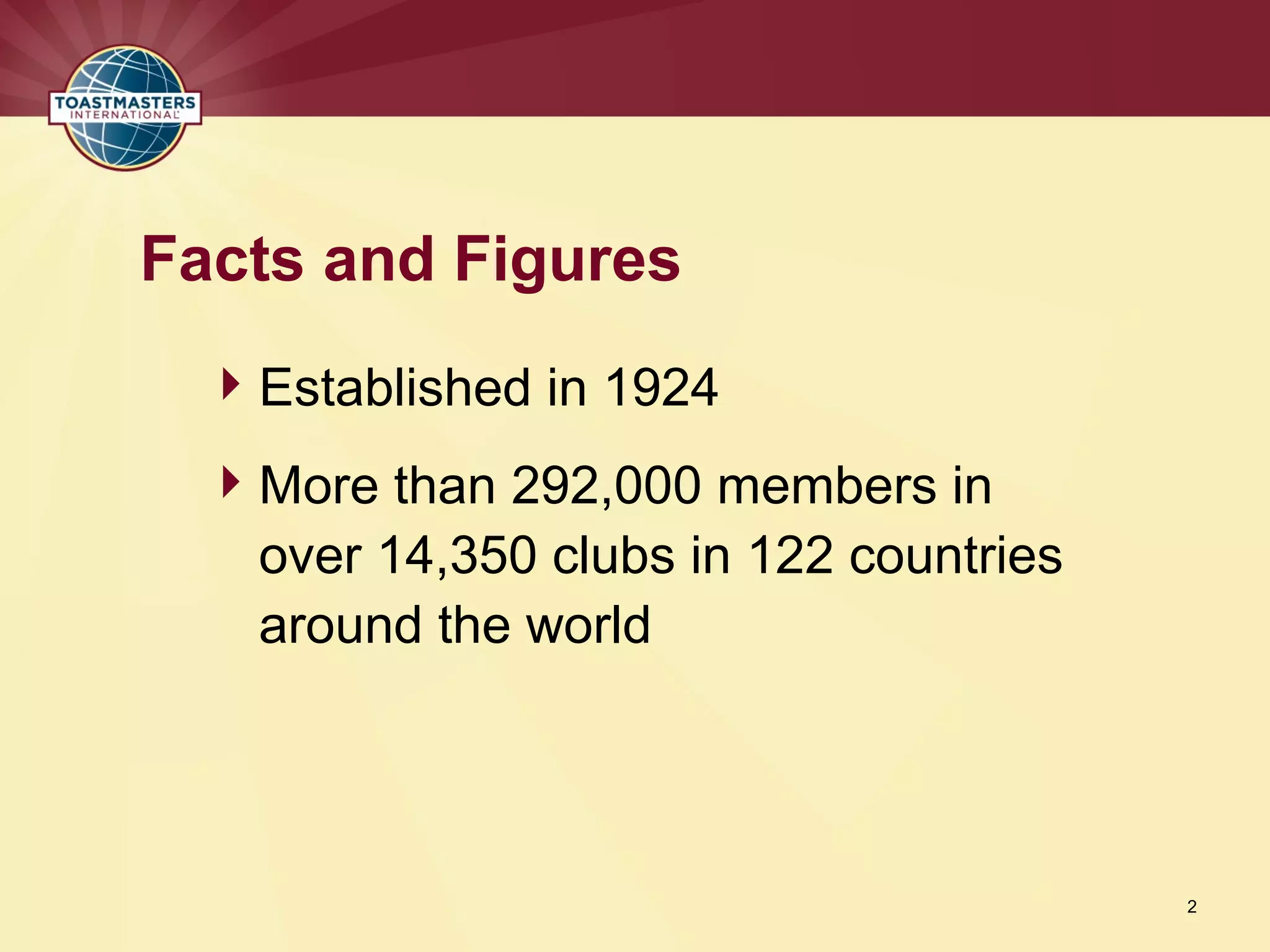 Established in 1924
More than 292,000 members in
over 14,350 clubs in 122 countries
around the world
Facts and Figures
2
 