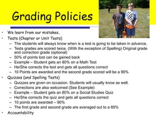 Grading Policies We learn from our mistakes..  Tests (Chapter or Unit Tests)  The students will always know when is a test is going to be taken in advance. Tests grades are scored twice. (With the exception of Spelling) Original grade and correction grade (optional) 50% of points lost can be gained back Example – Student gets an 80% on a Math Test He/She corrects the test and gets all questions correct 10 Points are awarded and the second grade scored will be a 90% Quizzes (and Spelling Tests) Quizzes are given on occasion. Students will usually know as well.  Corrections are also welcomed (See Example)  Example – Student gets an 80% on a Social Studies Quiz He/She corrects the quiz and gets all questions correct 10 points are awarded – 90% The first grade and second grade are averaged out to a 85% Accountability 0 