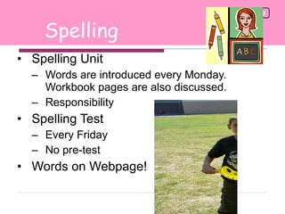Spelling Unit Words are introduced every Monday. Workbook pages are also discussed. Responsibility Spelling Test  Every Friday  No pre-test Words on Webpage! Spelling 0 